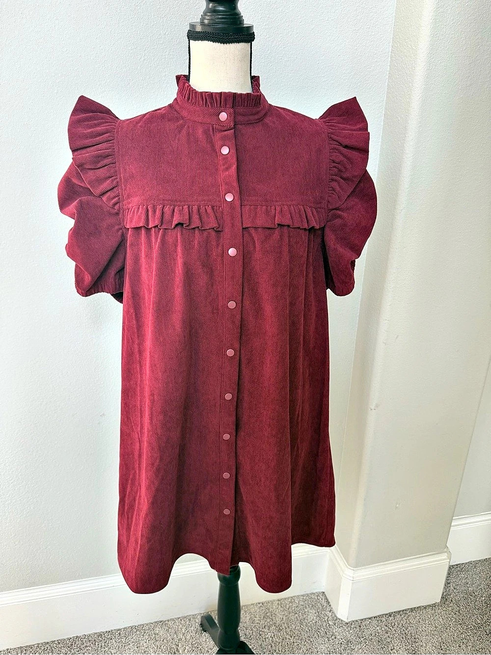 Entro Burgundy Corduroy Ruffle Mini Dress Size Small